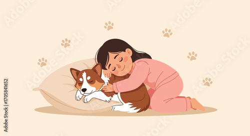 Adorable Girl Cuddling A Sleeping Corgi And Expressing Quiet, Tender Affection