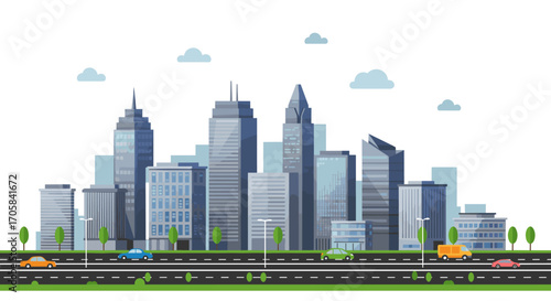 Modern cityscape with skyscrapers and busy street in flat design