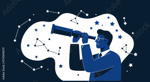 Astronomer Gazing At Celestial Constellations Through A Telescope Against Dark Background