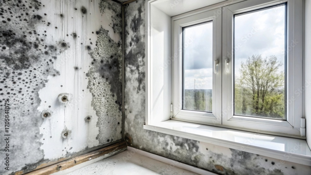 Fototapeta premium A window with a corner that has extensive mold growth and mildew, with black and white patterns on the walls, interior design, wall details