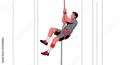 Athlete Climbing Rope With Safety Elements Against White Background Sport Action