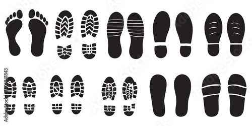 Human Footprint and Shoe Sole Icon Set – Walking Steps, Barefoot and Footprints Silhouette Collection