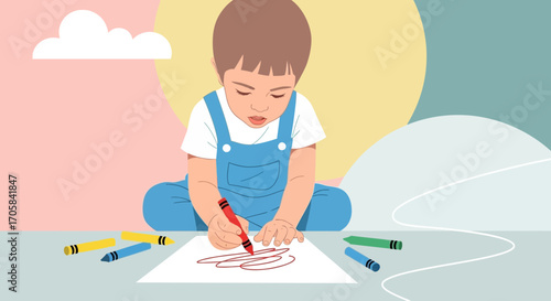 Adorable Little Child Creatively Drawing with Crayons on Plain Paper in a Playful Scene