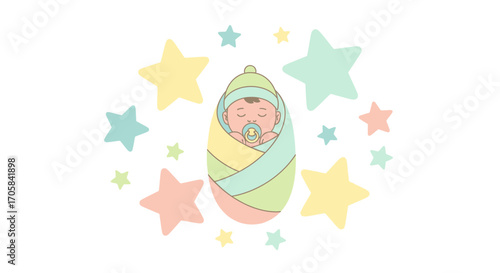 Adorable Newborn Swaddled in Cozy Blanket Surrounded by Whimsical Pastel Stars Design