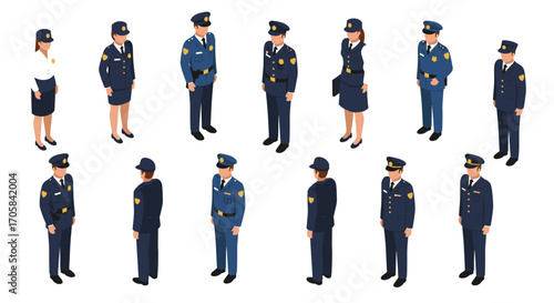 Isometric police officers in uniforms from multiple angles