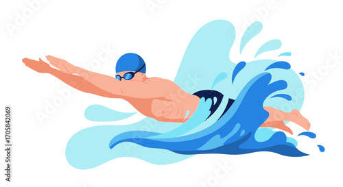 Athlete Demonstrating Freestyle Swimming Technique in Vivid Illustration Against White Background