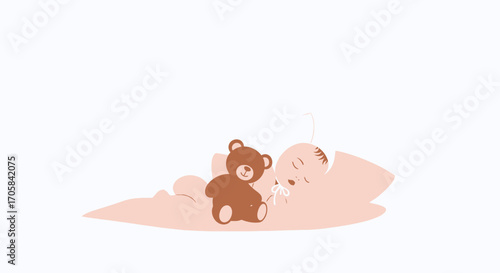 Adorable Sleeping Baby With Brown Teddy Bear Plush Toy Resting on Pillow