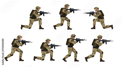 Military personnel in various tactical stances with firearms on white background