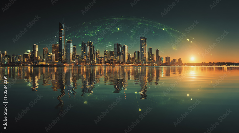 Obraz premium Twilight in the Smart digital Innovation city with connection network reciprocity over the cityscape. of future smart wireless digital city and social media networking systems that connects people