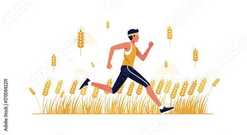 Athlete Enjoying Sprinting Outdoors Through the Wheat Field in Pursuit of Fitness Goals