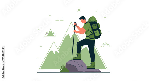 Adventurer Ascending Mountain Peak With Modern Equipment Ready To Conquer Challenging Heights