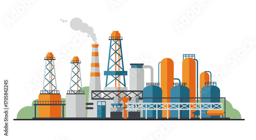Industrial refinery scene with chimneys and storage tanks in flat design