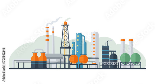 Industrial complex with modern factories and refineries in flat design