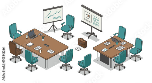 Isometric office meeting room setup with presentation boards and chairs