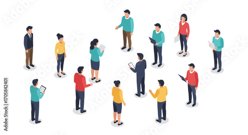Isometric business meeting with diverse office workers interacting