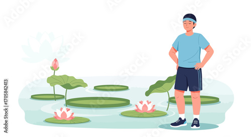 A Calm Man Standing Near Serene Lotus Flowers Floating On Pond Water