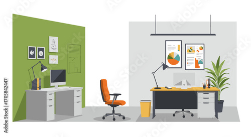 Modern office workspace with desks and computers in flat design