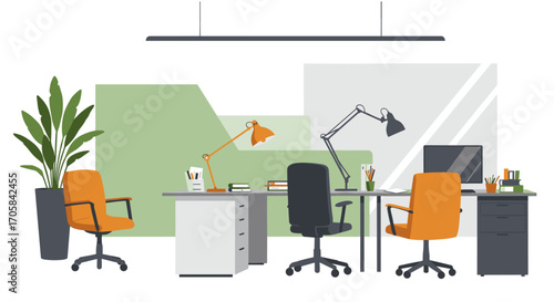 Modern office workspace with desks, chairs, and greenery in a minimalist style