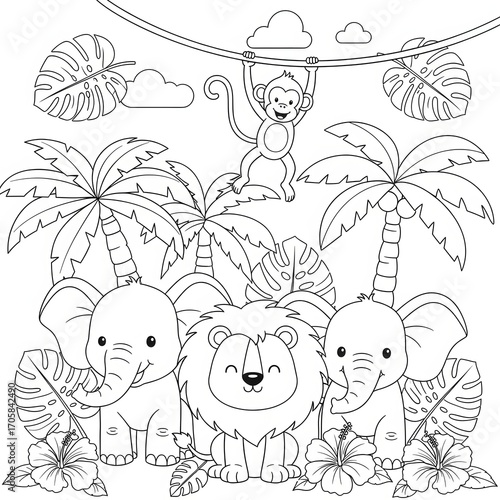 Fototapeta Naklejka Na Ścianę i Meble -  A group of cute cartoon jungle animals. Safari wildlife and friendship concept. A lion, elephants, and a monkey for a children's coloring book page.