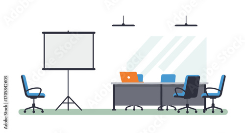 Modern office meeting room with presentation screen and ergonomic chairs