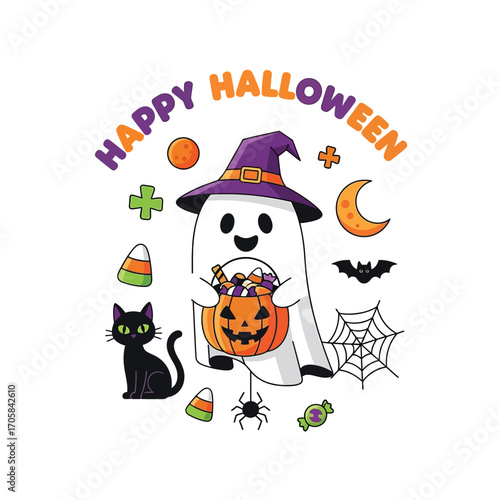 Cute Happy Halloween Spooky Skeleton Pumpkin Trick or Treat Skull and Bat Illustration