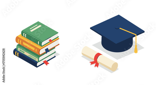 Isometric education set with books and graduation cap on white background