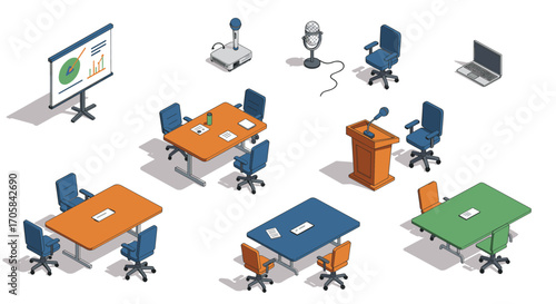 Isometric office meeting room setup with tables, chairs, and audio equipment