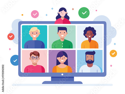 Online video conference meeting with diverse people connecting remotely from computer screen