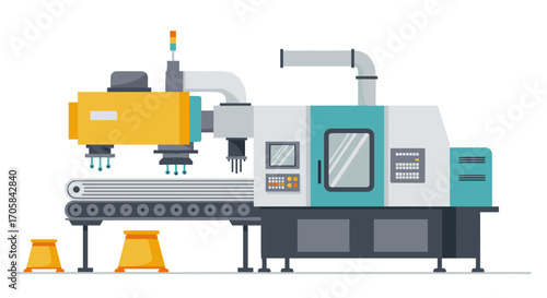 Modern industrial cnc machine with conveyor in flat design