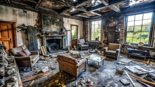 Ruined living room with burned furniture and debris scattered around the floor in a state of disrepair after a fire, desolation, charred remains
