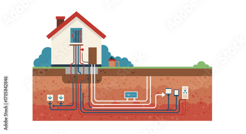 Colorful flat design of home geothermal heating system diagram