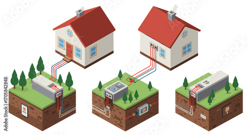 Efficient home heating and cooling with geothermal systems isometric design