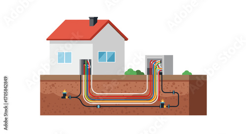Residential geothermal energy system diagram in flat design