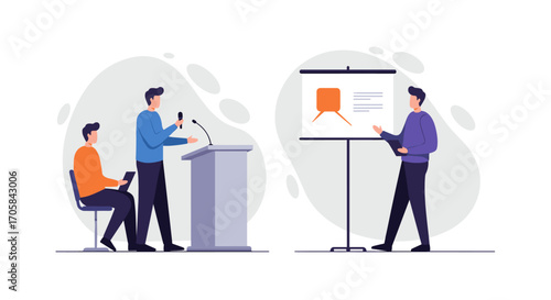 Business presentation and public speaking concept with two professionals and visual aids in a modern style