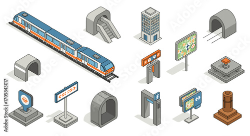 Isometric urban transport elements with train, tunnels, and signs