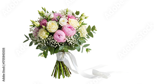 A beautiful bouquet of pastel pink, white, and cream roses, peonies, and other delicate flowers, tied with a soft white ribbon, set against a clean black backdrop.