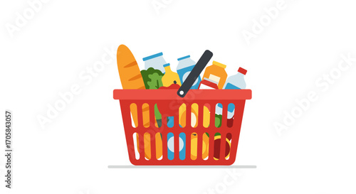 Colorful flat design shopping basket filled with groceries for everyday needs