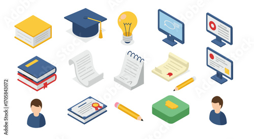 Isometric educational icons set with books, graduation cap, and computer