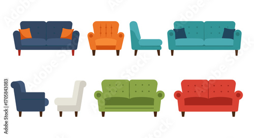Colorful sofa and armchair collection in minimalist flat design