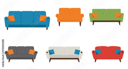 Colorful sofa set collection with cushions in flat design