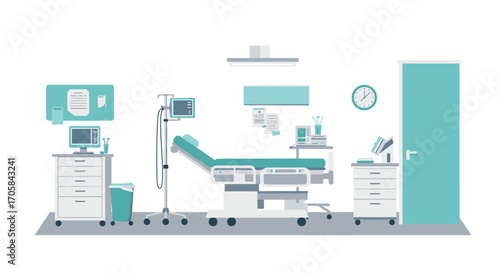 Modern hospital room interior with medical equipment in flat design