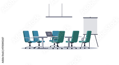 Modern office meeting room with chairs, table, laptop, and whiteboard