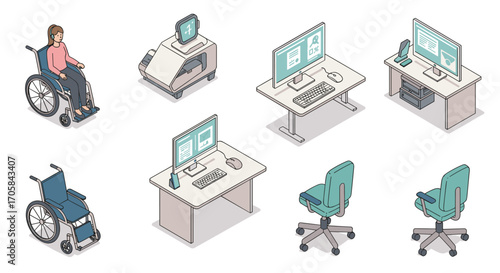 Isometric office furniture and equipment with wheelchair accessibility