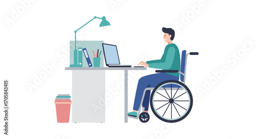 Smiling man in wheelchair working at desk on laptop in modern office setting