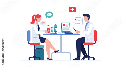 Medical professionals collaborating at desk with technology and medicines