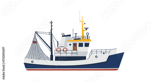Illustration of a fishing trawler boat with fishing net on white background
