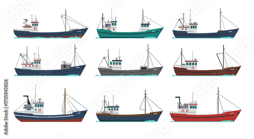 Flat style fishing boats set: variety of modern commercial ships
