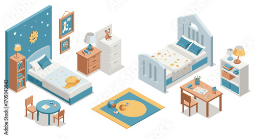 Cozy isometric children's bedroom with playful decor and furniture