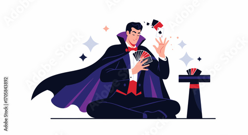 Astonishing Illusionist Performing Mystical Card Tricks, Stunning Render, Enchanting Display