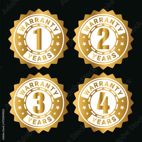 Warranty logo in zig zag circle with 1, 2, 3, 4 years warranty stamp or sticker vector template